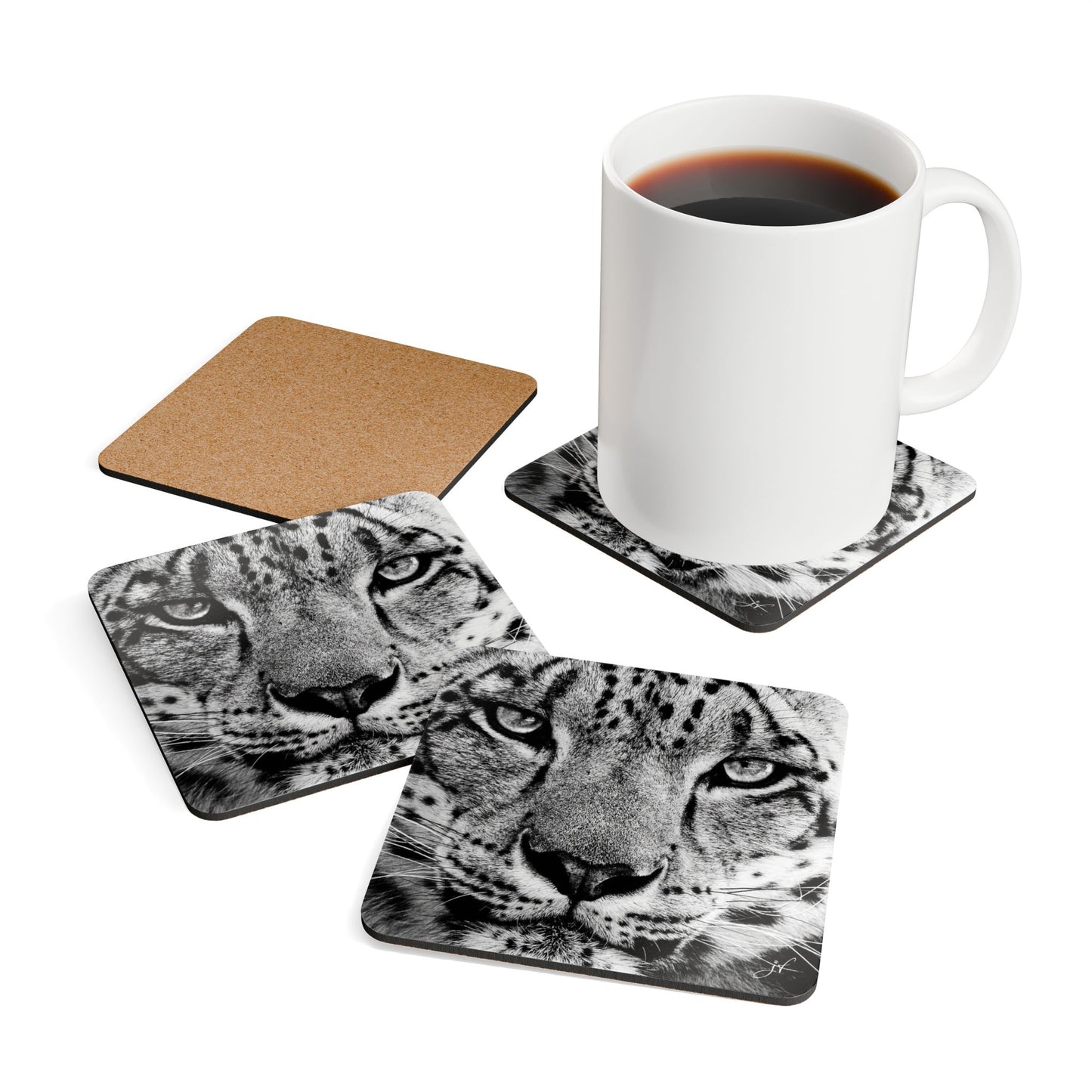 Snow Leopard | Corkwood Coaster Set (4 Piece)